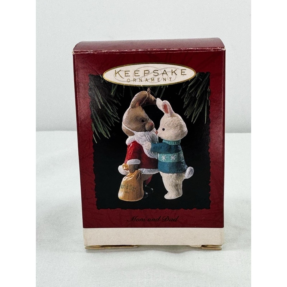 Vintage Hallmark Keepsake 1994 Mom & Dad Bunny Santa Suit Christmas Ornament